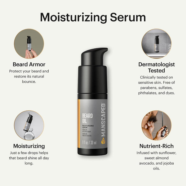 MANSCAPED® Beard Oil, Moisturizing Serum with Jojoba Seed, Sunflower, Sweet Almond Oils for a Nourishing, Hydrating Shine, (1 Fl Oz) 1-Pack