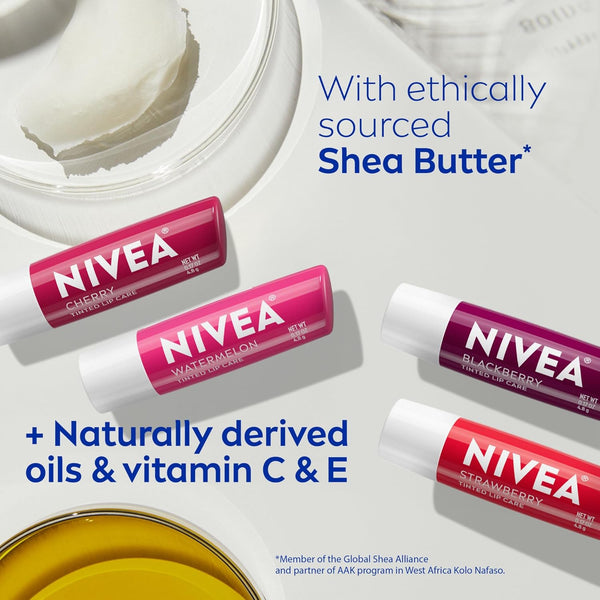 NIVEA Lip Care, Fruity Tinted Lip Balm Variety Pack, Cherry, Strawberry, Blackberry and Watermelon Flavors, 3-In-1 Moisture, Repair and Color,