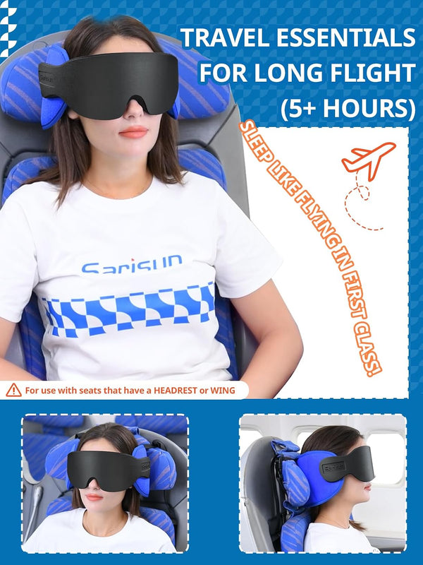 SARISUN Travel Pillow for Airplanes Sleep, Seat Strap for Stable Support Solid Black