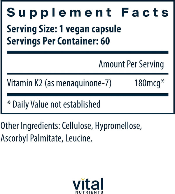 Vital Nutrients Vitamin K2-7 | Promotes Cardiovascular, Heart, Bone Health* | Vitamin K2 + MK7 | Vegan Vitamin K Supplement | Gluten, Dairy, Soy