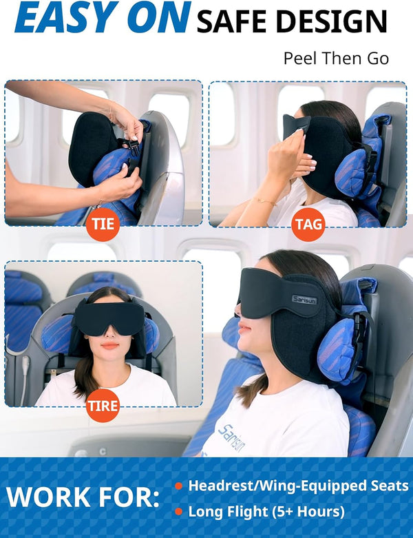 SARISUN Airplane Travel Pillow for Different Heights, Stable Head Support Black Airplane Seats with Headrest