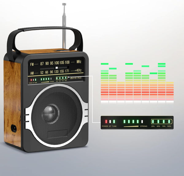 Portable AM FM Radio, Bluetooth 5.0 Radios 5 Watts Loud Speaker,Fm Radio Built-In Rechargeable Battery/Dc D*4 Cell Battery Operated & AC Power
