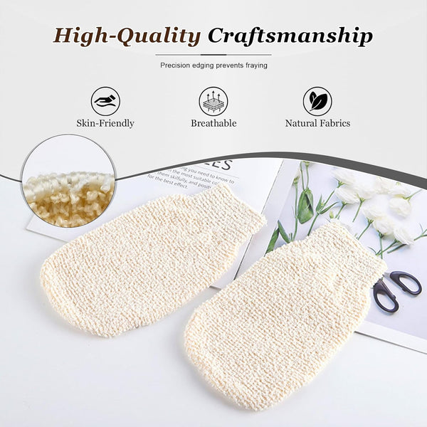 Natural Exfoliating Shower Gloves and Loofah Sponge Set, Gentle Body Scrubber Mitts with Hemp Fiber for Women and Men, 3-Pack Bath Accessories
