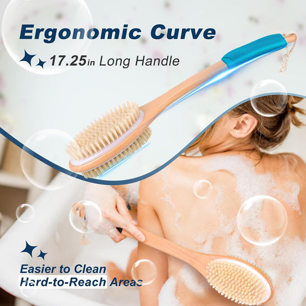 Long Handle Ergonomically Back Scrubber/Brush for Shower, Double Sided Exfoliating Body Scrubber for Women and Men (Blue)