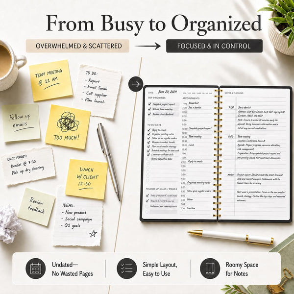 Daily Planner Undated - Simplified To Do List Notebook with Hourly Schedules, Spiral Appointment Organizer, 5.5" x 8.5", Easily Manage Your Tasks