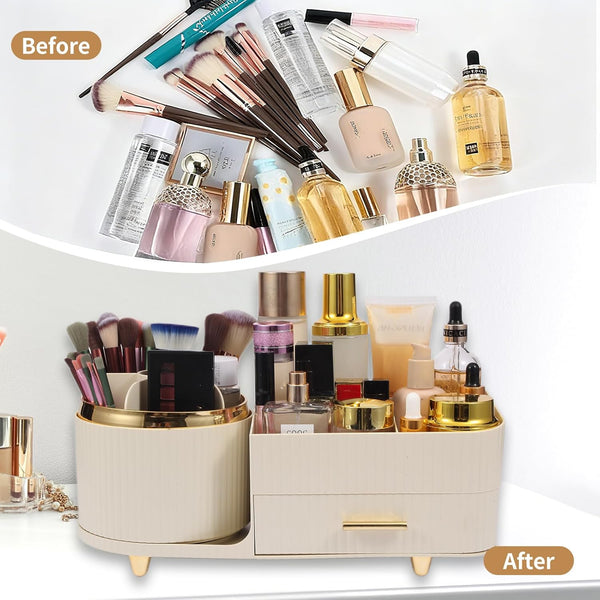 Makeup Organizer Countertop with Drawer 360 Rotating Brush Holder Storage Large Capacity Skincare Cosmetic Display Cases for Vanity Bathroom