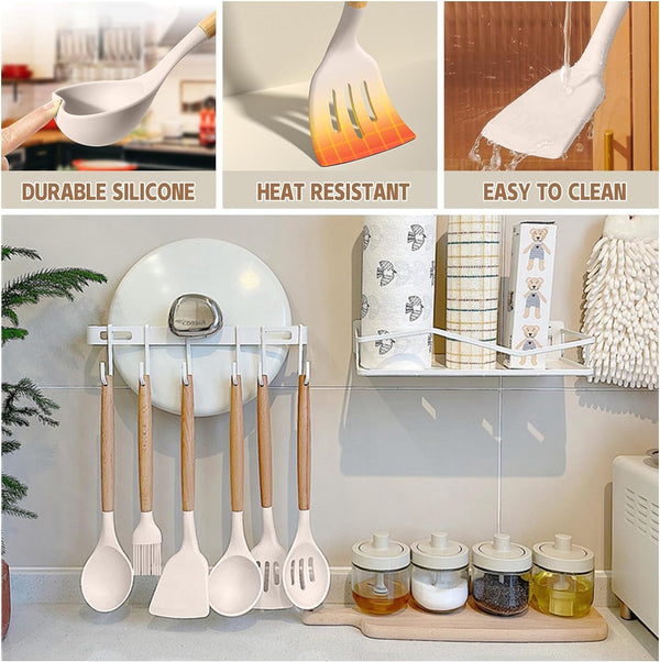 Umite Chef Kitchen Cooking Utensils Set, 33 pcs Non-Stick Silicone Cooking Kitchen Utensils Spatula Set with Holder, Wooden Handle Silicone