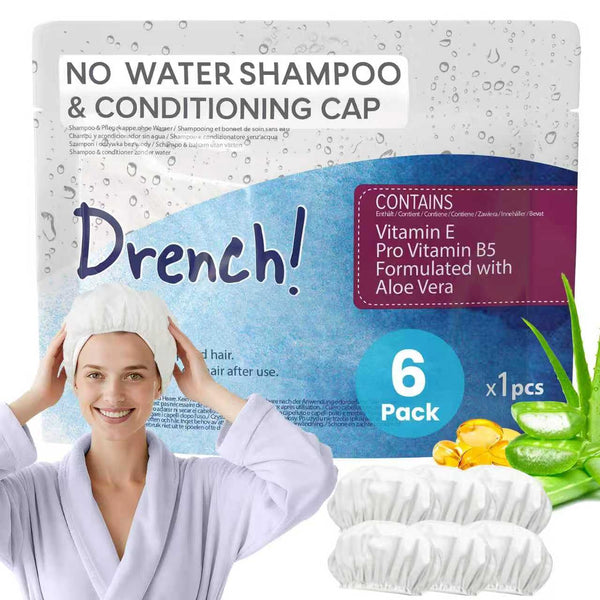 Drench Shampoo Caps No Rinse - Waterless Shampoo Cap and Conditioner - Dry Hair Wash Caps for Elderly or Bedridden - Contains Aloe Vera, Vitamin E