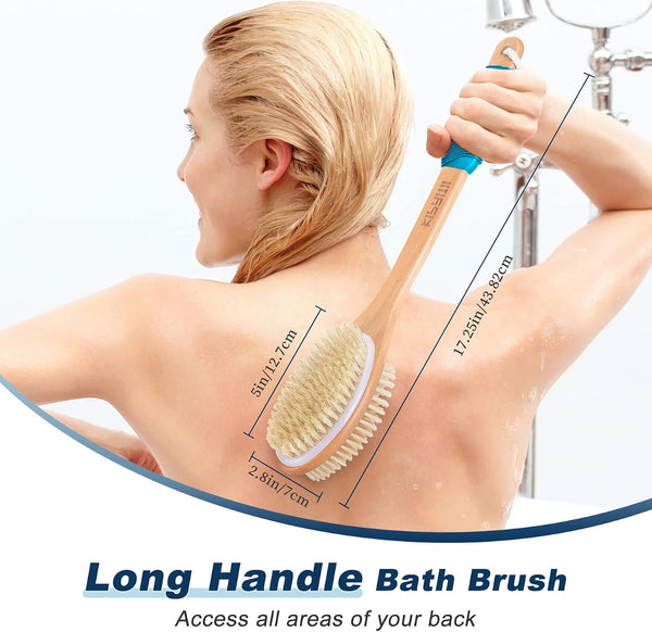 Long Handle Ergonomically Back Scrubber/Brush for Shower, Double Sided Exfoliating Body Scrubber for Women and Men (Blue)
