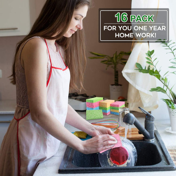 PANYEE Cleaning Scrub Colored Sponge,Non-Scratch Kitchen Cellulose Dishwashing Sponge,16Pack Biodegradable Natural Sponge 16 Count (Pack of 1)