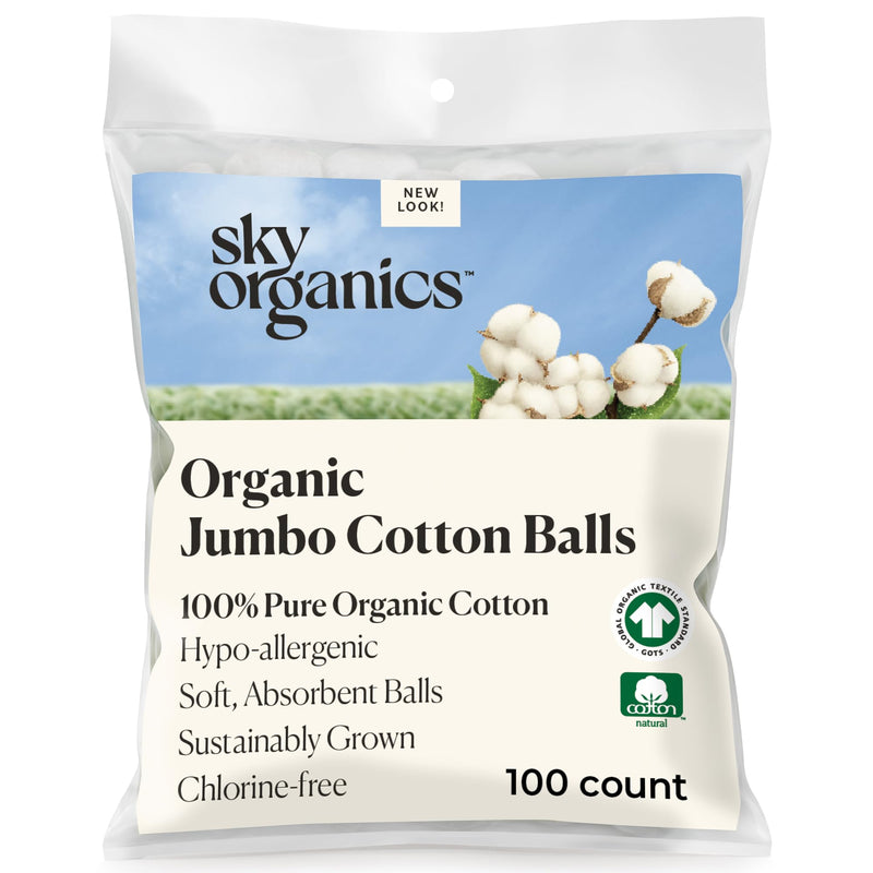 Sky Organics Organic Jumbo Cotton Balls for Sensitive Skin, 100% Pure Organic Cotton Sustainably Grown, Chlorine Free, Hypoallergenic, Ultra-Soft