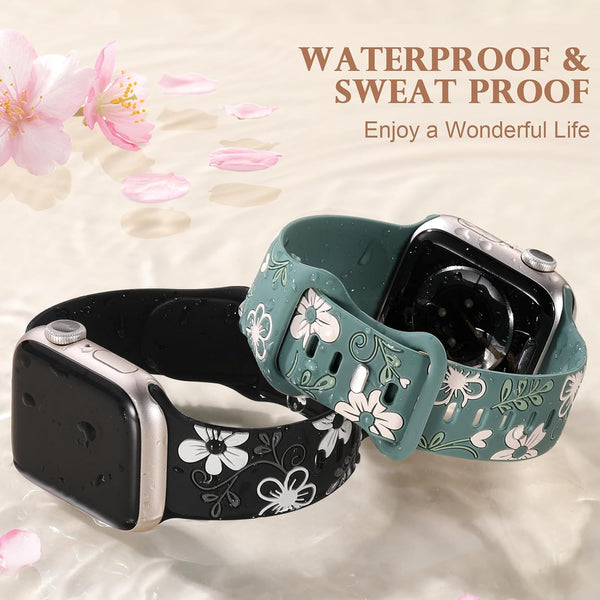 Witzon Floral Band Compatible with Apple Watch Bands For Women 40mm 41mm 38mm 42mm 44mm 45mm 46mm 49mm, Engraved Cute Flower Silicone Dressy Strap