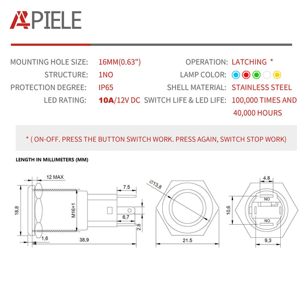 APIELE 10 Amp 16mm Latching Push Button Switch 12V Angel Eye LED Waterproof Round Self-Locking 1NO (Silver Stainless Steel, Blue) Blue Stainless Steel