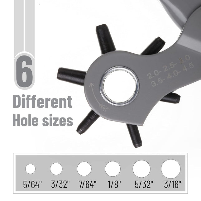 UNCO- Leather Hole Punch Tool, 6 Different Hole Sizes (5/64", 3/32", 7/64", 1/8", 5/32", 3/16"), Durable Hole Punch for 