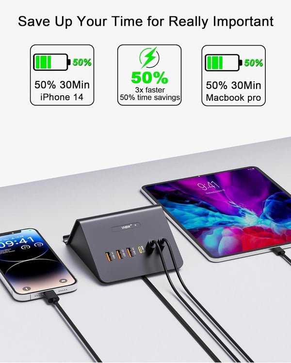 Multi-Device Charging Station, 100W Gan 6-Port USB C Charger Hub with 45W PD Wall Adapter & 15W Wireless Charger. Compatible with Iphone, Ipad,