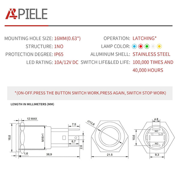 APIELE 10 Amp 16mm Latching Push Button Switch 12V Angel Eye LED Waterproof Round Self-Locking 1NO (Black Aluminum, White) White Aluminum