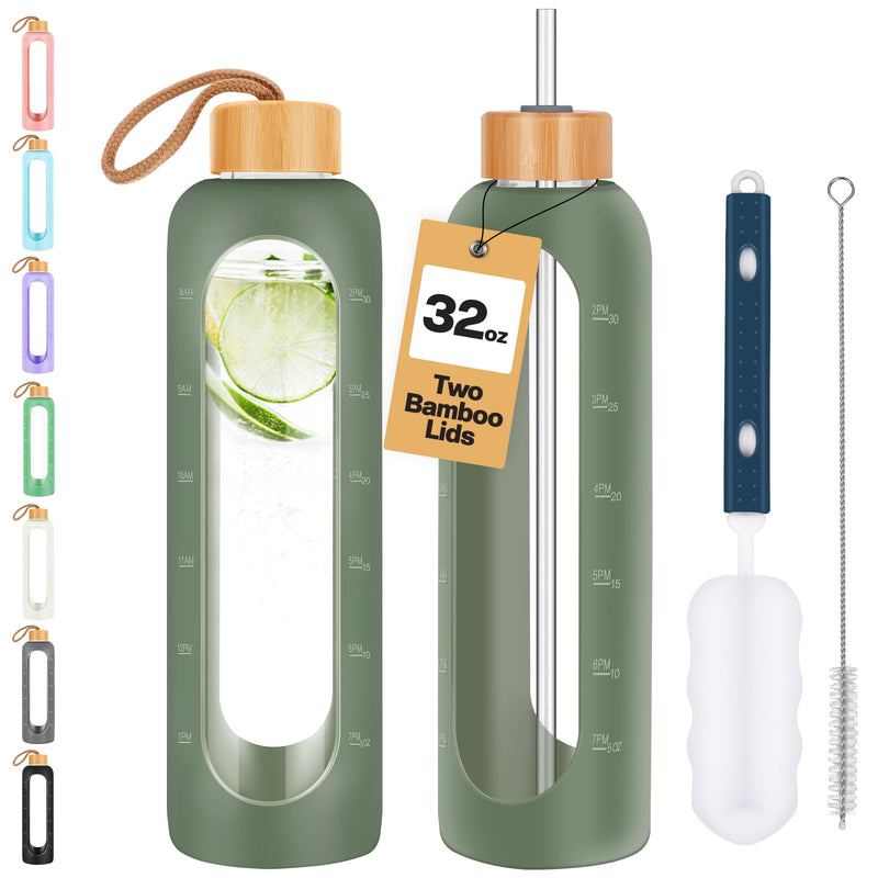 Glass Water Bottles 32 Oz - Motivational Drinking Glass Water Bottle with Silicone Sleeve, Straw & 2 Bamboo Lids - 1 Liter Clear Borosilicate