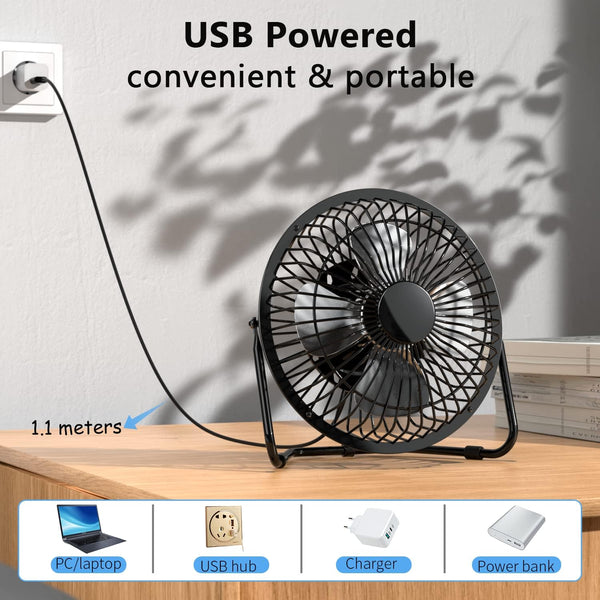 Zuvas Desk Fan Quiet Small USB Fan, Portable 4 inch Metal Fan, 2 Speed | USB Powered Electric Fan, 360° Rotation, Quiet Operation, Mechanical