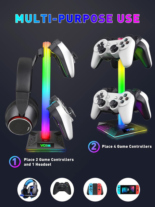 RGB Gaming Headphones Stand with 2 USB Ports Headset Stand with 10 Light Modes and Non-Slip Rubber, Suitable for All Earphone Accessories, Best