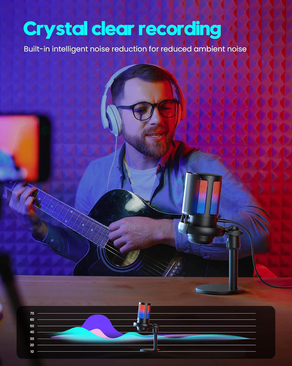 Gaming Microphone, USB PC Mic for Podcasts Videos, Streaming, Condenser Mic with Quick Mute, Tripod Stand, Pop Filter, RGB Indicator, Shock Mount,