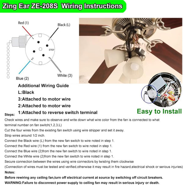 Ceiling Fan Switch Zing Ear Ze-208S E89885 3 Speed 4 Wire Pull Chain Switch with 4 Pre-Installed Wires Replacement Part for Hunter, Hampton Bay,