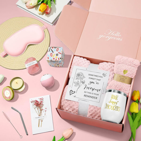 Happy Birthday Gifts for Women Mom Her Friend Sister Wife Grandma, Self Care Gift Get Well Relaxing Spa Gift Basket Set Pink
