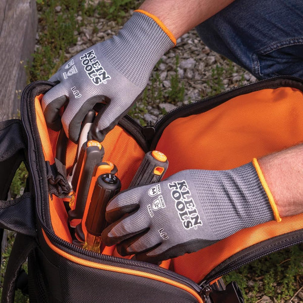 Klein Tools 60589 Work Gloves, Knit Dipped Cut Resistant ANSI A4 Nitrile Coated Gloves, HPPE Fabric, Touchscreen Capable Fingertips, Large, 2-Pair