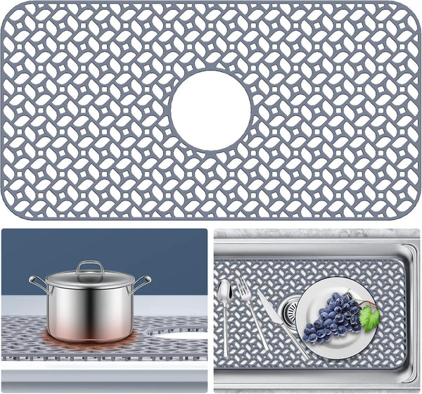 JUSTOGO Silicone Sink Protector, Non-slip Heat Resistant Kitchen Sink Mat Grid Accessory, Center Drain (24.8"x 13"), Grey