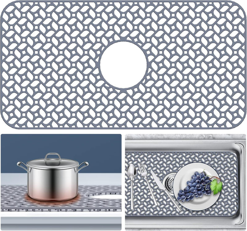 JUSTOGO Silicone Sink Protector, Non-slip Heat Resistant Kitchen Sink Mat Grid Accessory, Center Drain (24.8"x 13"), Grey