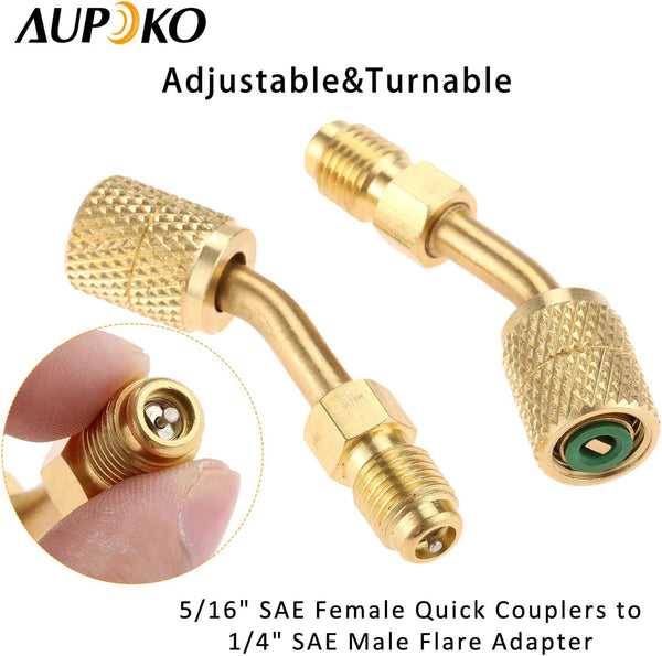 R410A Adapter 5/16" SAE Female Quick Couplers to 1/4" SAE Male Flare, 2 PC 45 Degree Angled Charging Vacuum Adapter, Used for R410a with Thimble