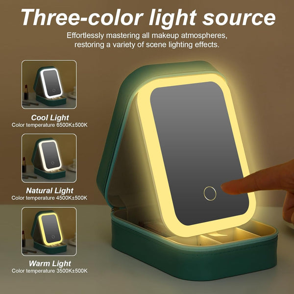 Small Travel LED Makeup Mirror Case with 3 Adjustable Color Light Settings, Dust-Proof Jewelry Box, Mini Cosmetic Train Case Ideal for Short Trips