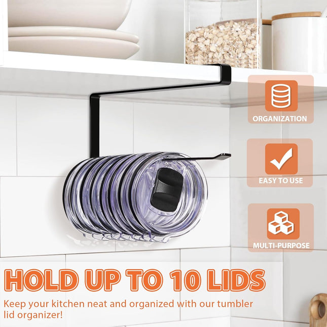 Tumbler Lid Organizer, Horizontal Tumbler Lid Storage Hook up to 10 Lids, Space Saving Cup Lid Holders under Cabinet Tum