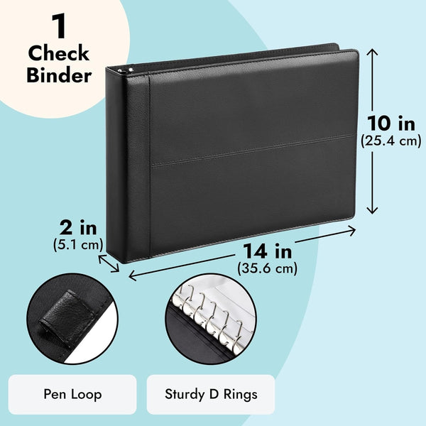 Juvale Check Binder - Black Faux Leather, 7-Ring, 14 x 10 in, Fits 600 Checks - Business Checkbook Binder & Cover with Pen Loop, Checkbook Holder