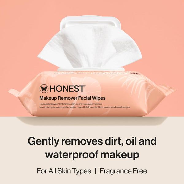 Honest Beauty Fragrance Free Cleansing Makeup Remover Facial Wipes | Plant Based, Hypoallergenic, Gentle for Sensitive Skin | 30 Count 30 Count