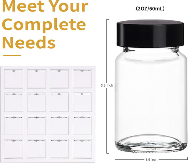 Glxgow 16 Pack 2 oz Glass Shot Bottles with Black Lids & Labels, Wide Mouth 60 ml Small Glass Bottles for Ginger, Leakproof Travel Mini Clear Jars