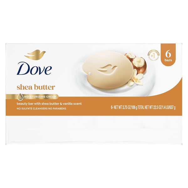 Dove Beauty Bar Soap 6 Bars Shea Butter, for Nourished, Radiant Skin, Enriches Skin 3.75 oz 3.75 Ounce (Pack of 6) Vanilla