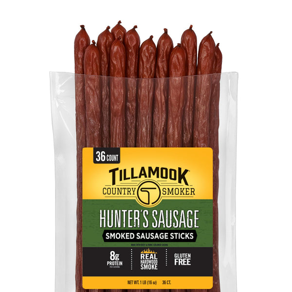 Tillamook Country Smoker Hunter’s Sausage Smoked Sausage, 16 Oz, 36 Ct, Bulk Pack, Real Hardwood Smoked Beef Meat Sticks, 8g Protein, 0g Sugar &