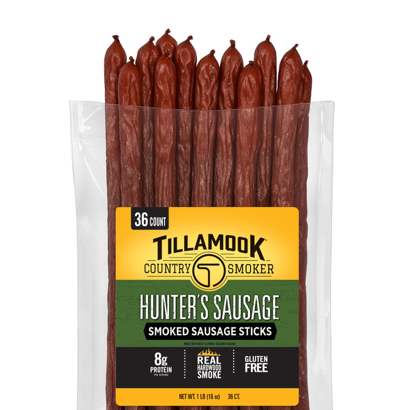 Tillamook Country Smoker Hunter’s Sausage Smoked Sausage, 16 Oz, 36 Ct, Bulk Pack, Real Hardwood Smoked Beef Meat Sticks, 8g Protein, 0g Sugar &