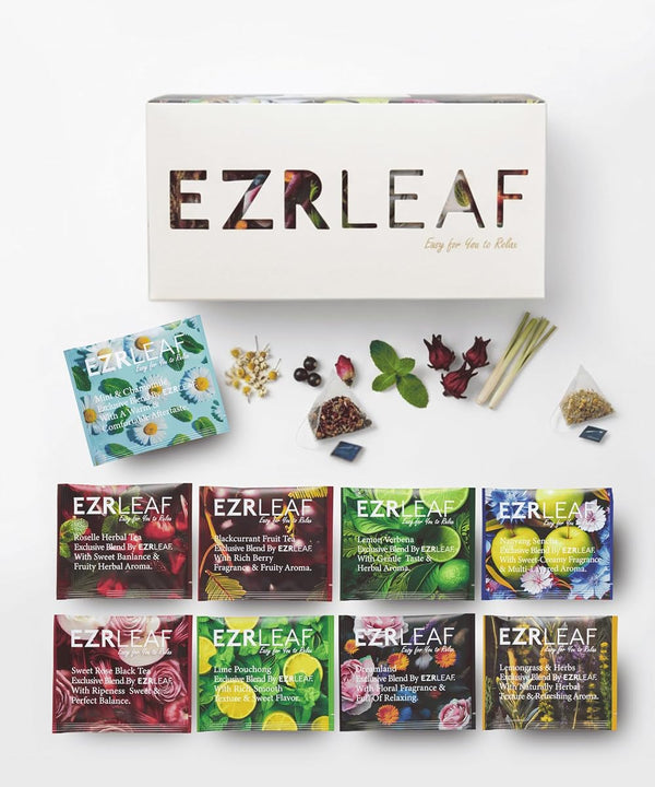 EZR Leaf Herbal & Fruit Tea Sampler Gift Box – 22 Pyramid Tea Bags with 9 Fruit & Floral Blends – Low & Caffeine Free Assortment for Relaxing Tea