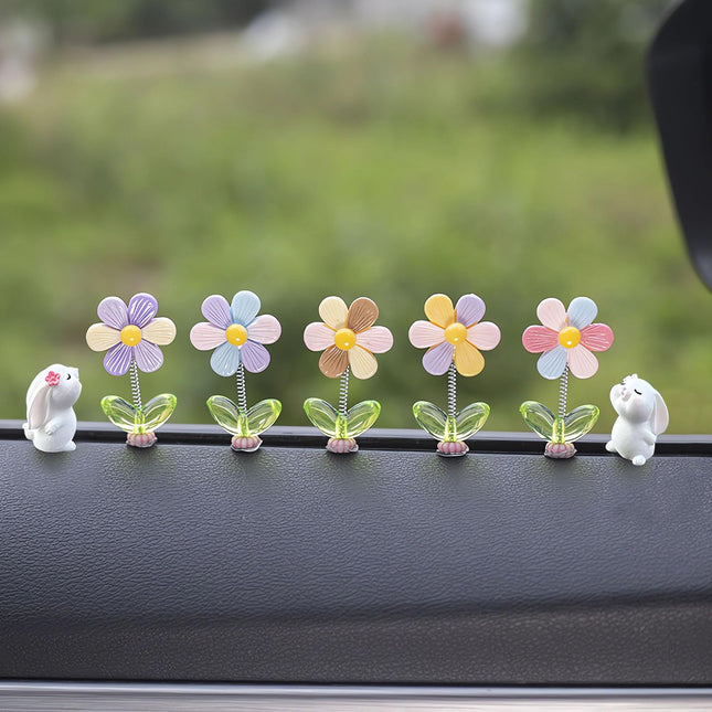7Pcs Cute Car Rearview Mirror Accessories, Funny Bunny Car Ornament, Shaking Spring Sunflower Dashboard Decorations, Int