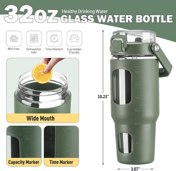 BLUEGO 40oz Glass Tumbler with Lid and Straw, Glass Water Bottles with Handle, Glass Cup with Time Marker and Silicone Sleeve, Fits Most Cup