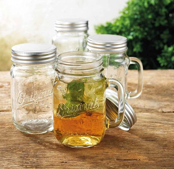 Glaver's Mason Jar 16 Oz. Glass Mugs with Handle and Lid Set Of 4 - Home Essentials & Beyond - Old Fashioned Drinking Glass Bottles Original Mason