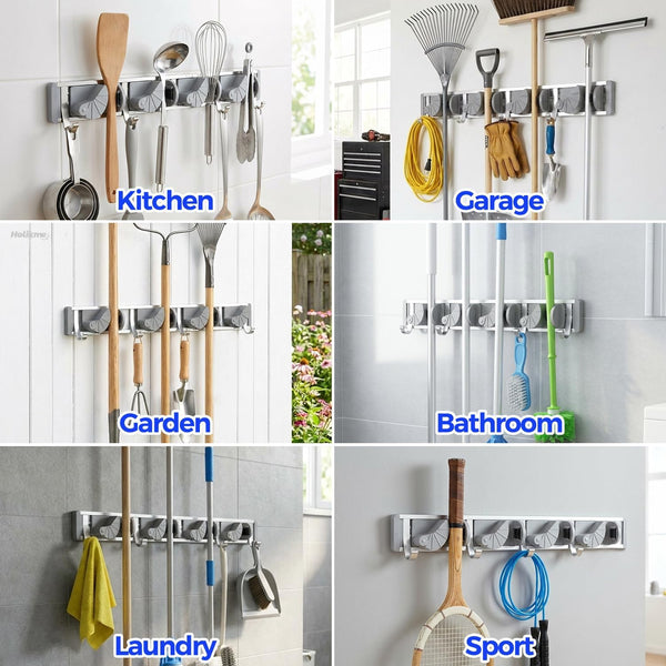 Holikme Mop Broom Holder Wall Mount Metal Pantry Organization and Storage Garden Kitchen Tool Organizer Wall Hanger for Home Goods (4 Positions