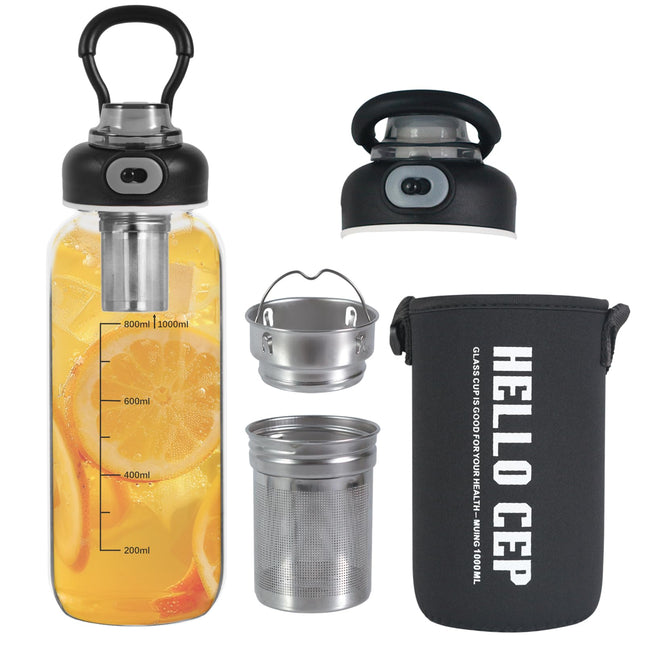 34Oz Glass Water Bottle with Capacity Mark & Stainless Steel Tea Strainer-Large Capacity for Hot/Cold Drinks,Coffee,Tea,