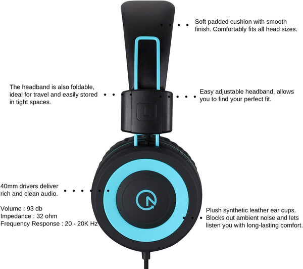noot products K11 Kids Headphones Wired 3.5mm Jack Stereo Tangle-Free Black