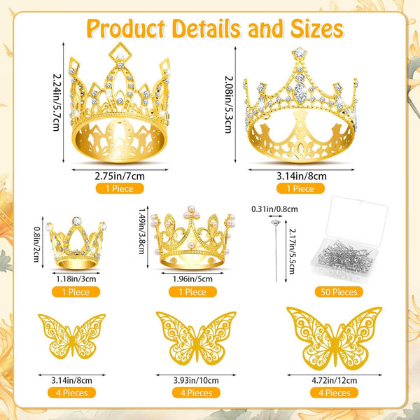 cridoz Gold Crowns for Flower Bouquets, Flower Bouquet Accessories Including 4 Pcs Bouquet Crown, 12 Pcs Butterfly Decorations and 50 Pcs Flower
