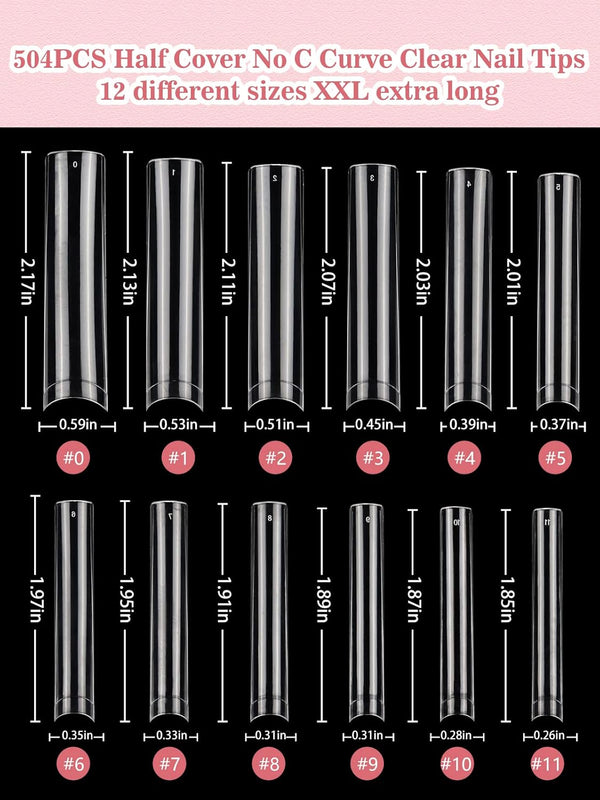 Quaferen Clear Square Nail Tips, 504PCS 3XL Long No C Curve Nail Tips, Half Cover Flat Tapered Square Straight Gel Acrylic Tips False Nails for
