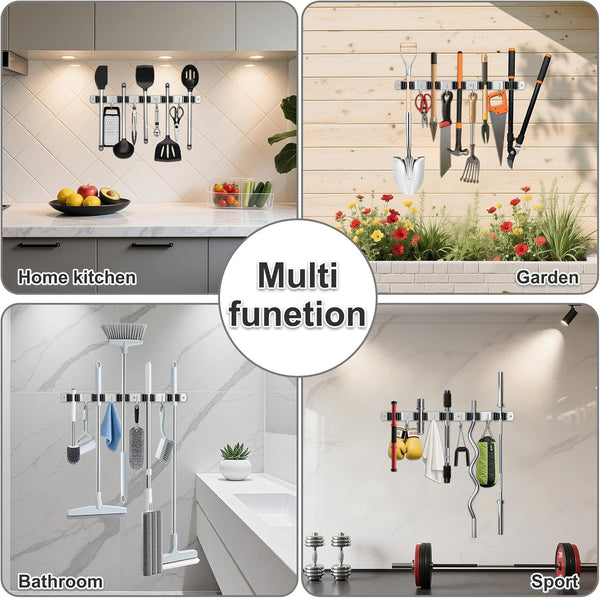 Broom Holder Wall Mount, Broom Organizer Wall Mount Stainless Steel Broom and Mop Hanger Heavy Duty Storage Organization for Home Kitchen Garden