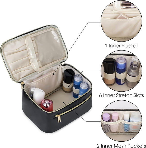 Wandering Nature Makeup Bag, Women Travel Make Up Vanity Case with Handle Black Leather Medium
