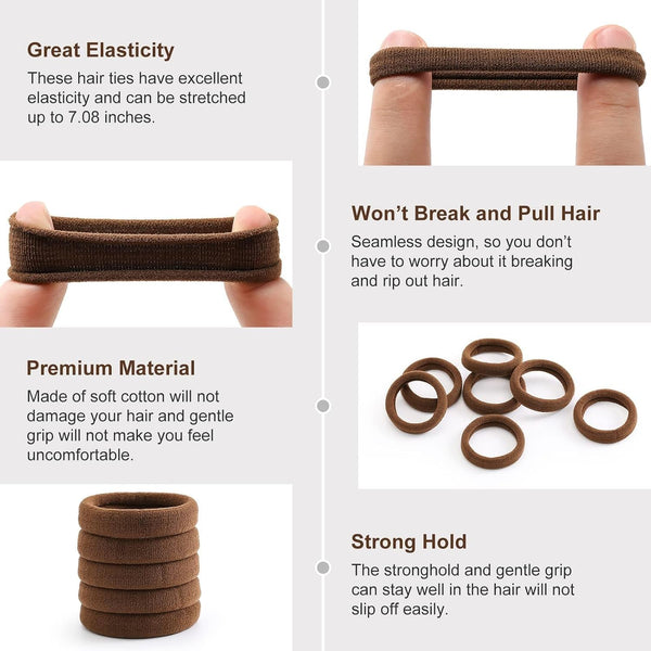 Bessrung 100 Pcs Thick Seamless Hair Ties, Ponytail Holders Hair Accessories for Women Girls No Damage for Thick Hair(Dark Brown Colors) 100 Count